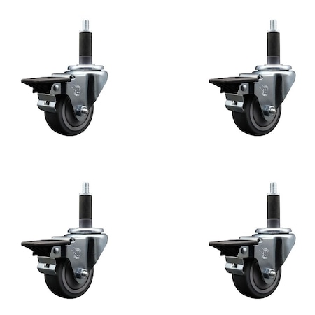 Service Caster 3'' Thermoplastic Rubber Swivel 1'' Expanding Stem Caster Set with Brake, 4PK SCC-EX20S314-TPRB-PLB-1-4